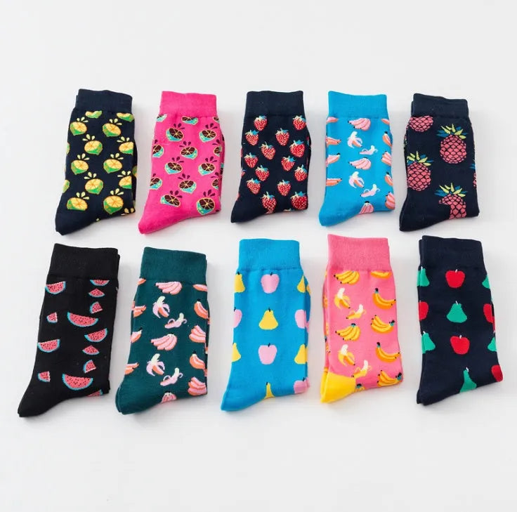 Happy tube socks with fruit banana design, cotton 200-pin knit, EU 39-43, multiple colours