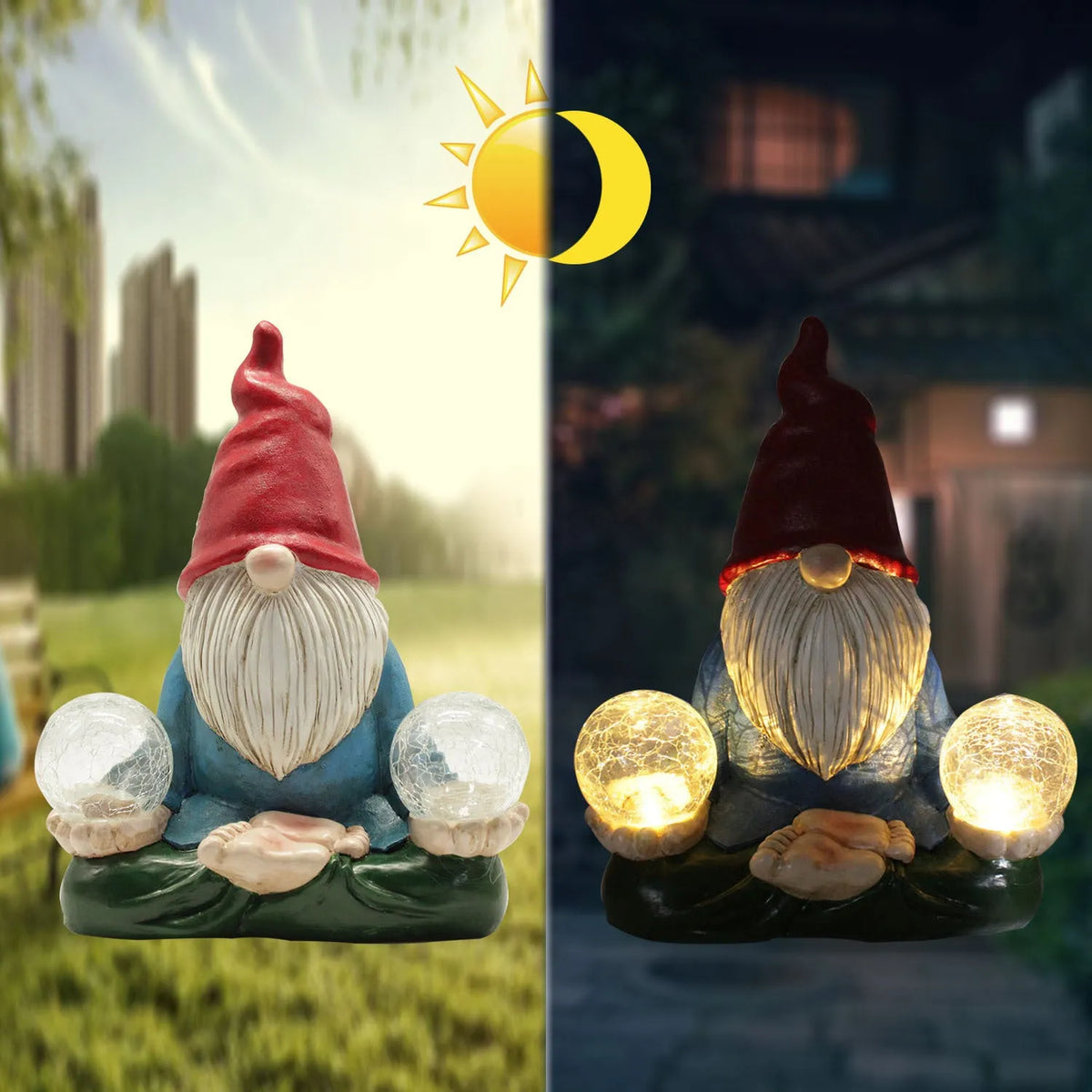 Solar-powered resin dwarf doll ornament with LED light for garden decoration.