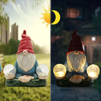 Solar-powered resin dwarf doll ornament with LED light for garden decoration.