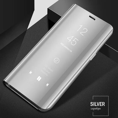 Black mirror flip case for Samsung Galaxy phone showing kickstand and reflective cover.