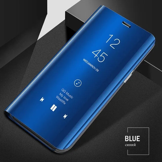 Black mirror flip case for Samsung Galaxy phone showing kickstand and reflective cover.