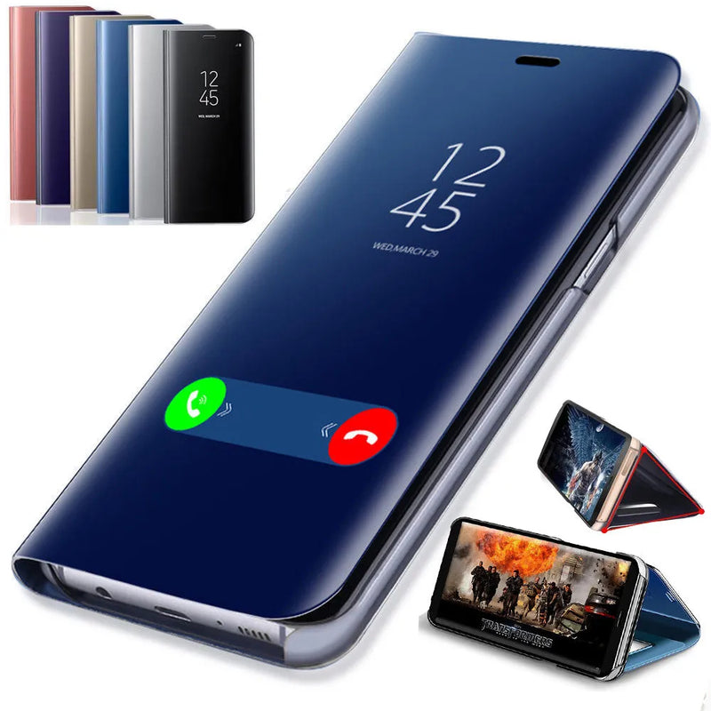 Mirror Flip Case for Samsung Galaxy A50 A51 A21s A71 A20 A10 M31 M21 and other models, a dirt-resistant protective case with a built-in kickstand and mirror cover, available in Black, Blue, and Sliver.