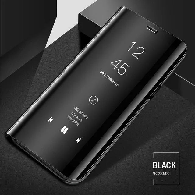Black mirror flip case for Samsung Galaxy phone showing kickstand and reflective cover.
