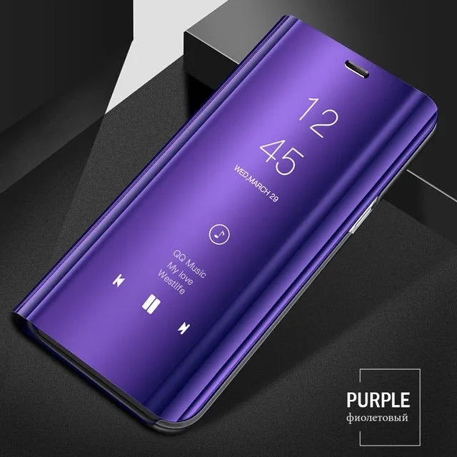 Black mirror flip case for Samsung Galaxy phone showing kickstand and reflective cover.