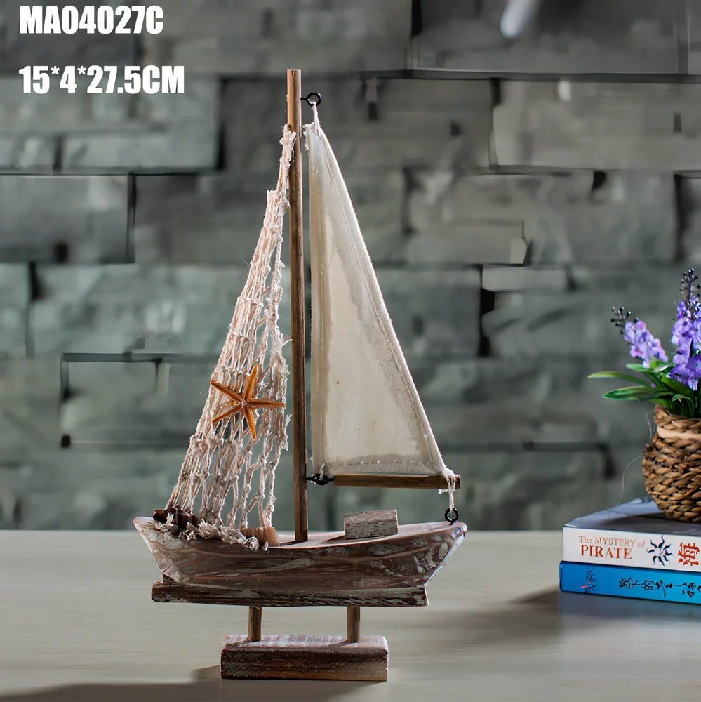 Handcrafted pine fishing boat model with relief carving and Mediterranean painted details measuring 45cm in length