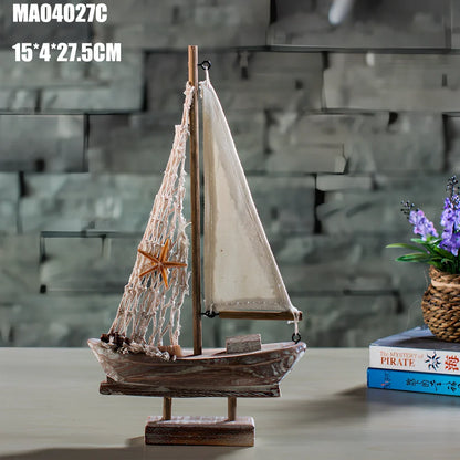 Handcrafted pine fishing boat model with relief carving and Mediterranean painted details measuring 45cm in length
