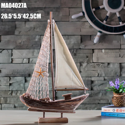 Handcrafted pine fishing boat model with relief carving and Mediterranean painted details measuring 45cm in length