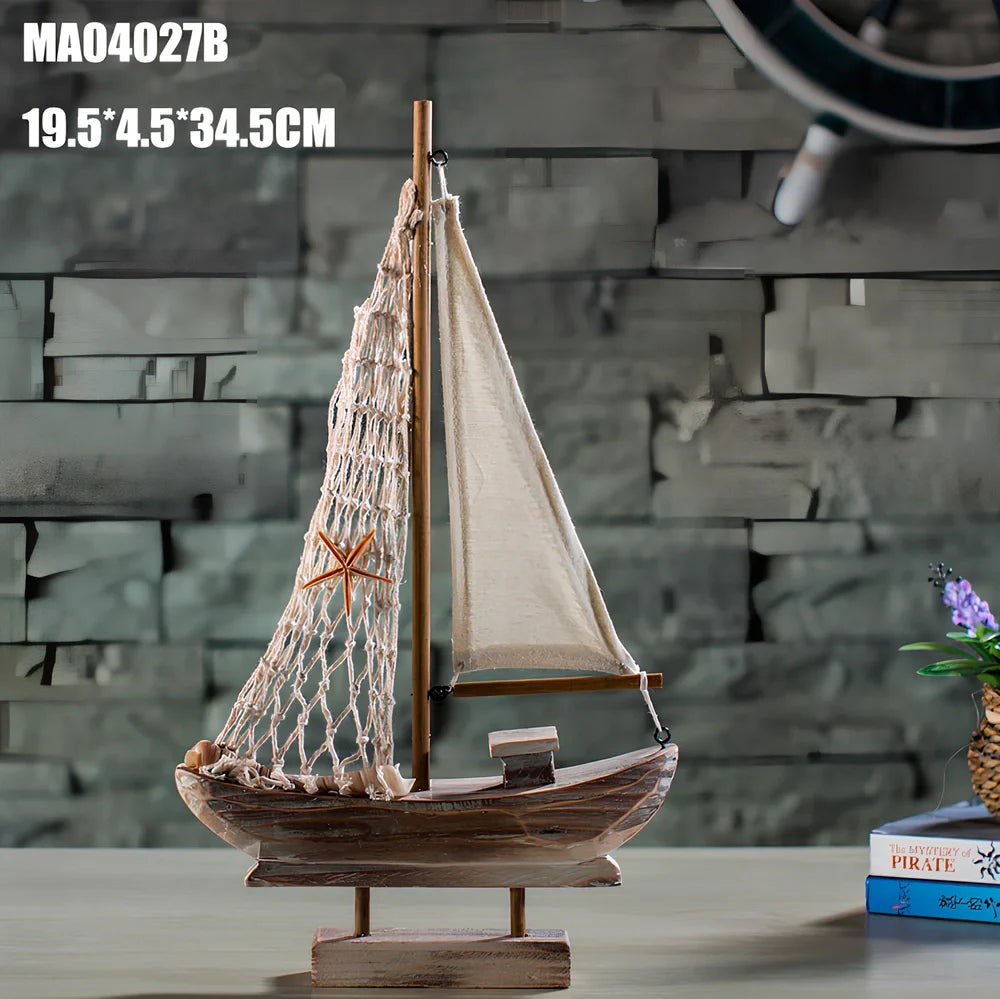 Handcrafted pine fishing boat model with relief carving and Mediterranean painted details measuring 45cm in length