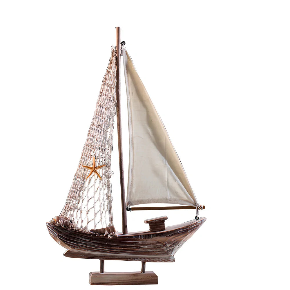 Handcrafted pine fishing boat model with relief carving and Mediterranean painted details measuring 45cm in length