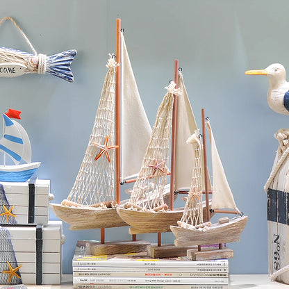 Handcrafted pine fishing boat model with relief carving and Mediterranean painted details measuring 45cm in length