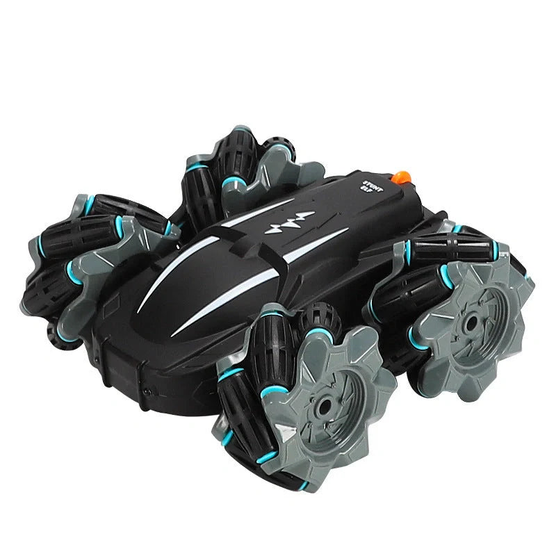 Wireless remote control stunt car performing 360° rotation on a flat surface