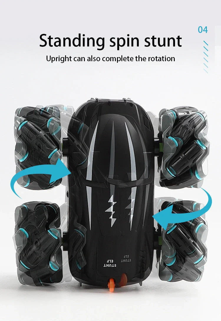 Wireless remote control stunt car performing 360° rotation on a flat surface