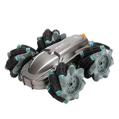 Wireless remote control stunt car performing 360° rotation on a flat surface