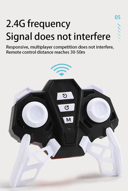 Wireless remote control stunt car performing 360° rotation on a flat surface