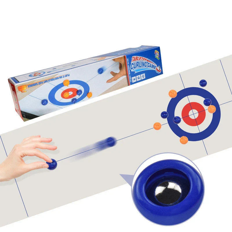 Collapsible bowling and curling game table with a smooth playing surface and 8 roller balls for interactive family gameplay