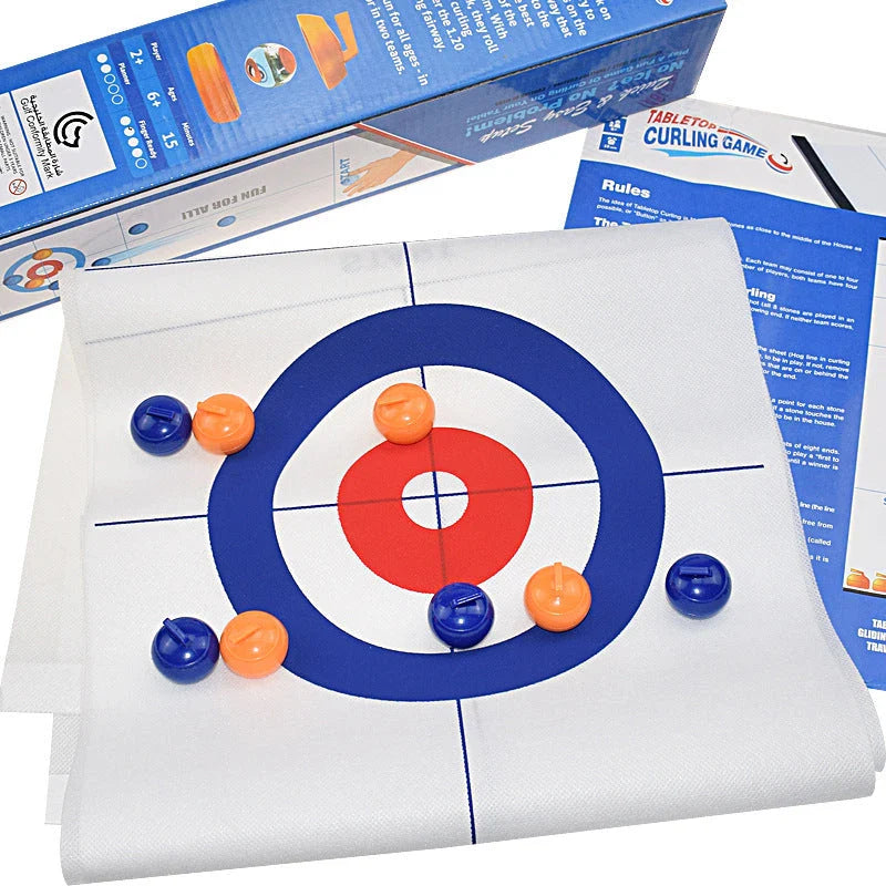 Collapsible bowling and curling game table with a smooth playing surface and 8 roller balls for interactive family gameplay