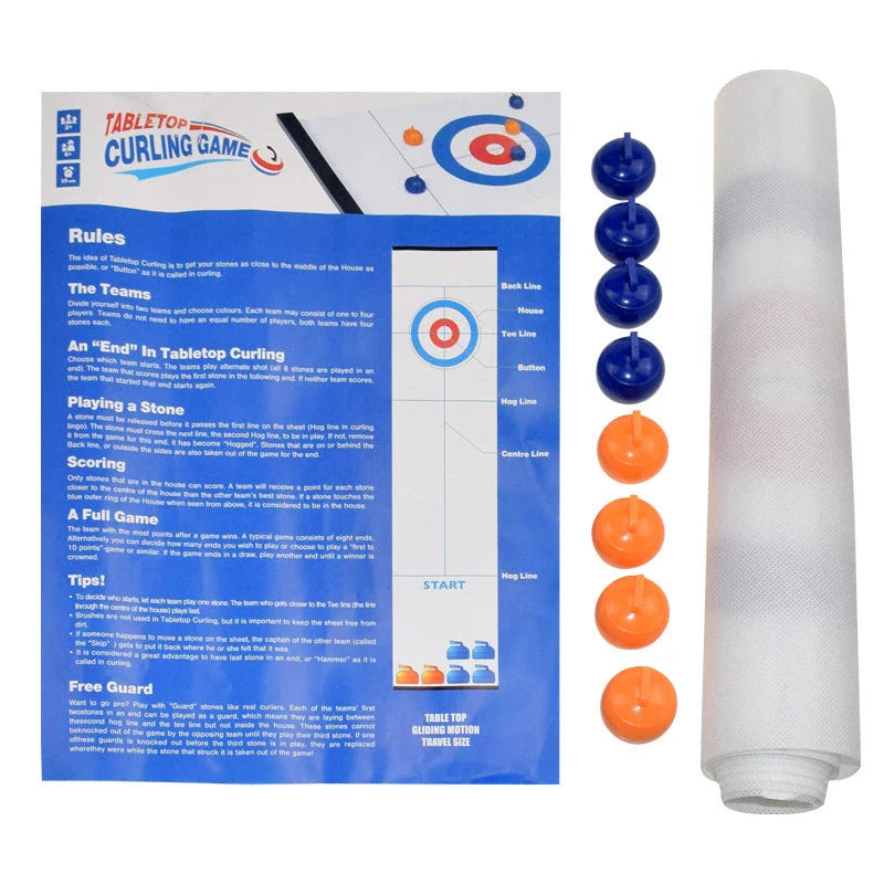 Collapsible bowling and curling game table with a smooth playing surface and 8 roller balls for interactive family gameplay