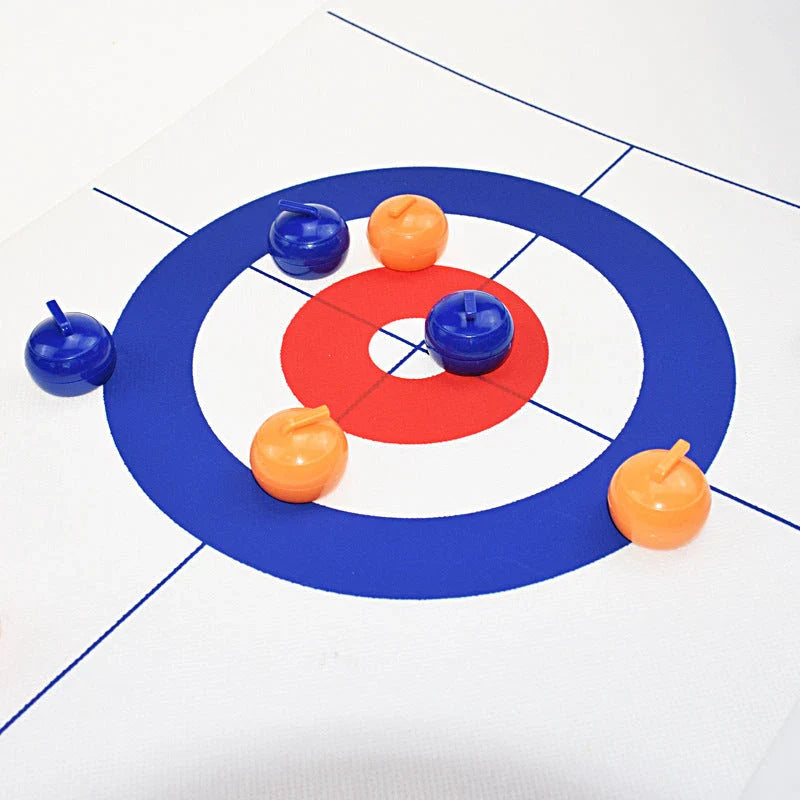 Collapsible bowling and curling game table with a smooth playing surface and 8 roller balls for interactive family gameplay