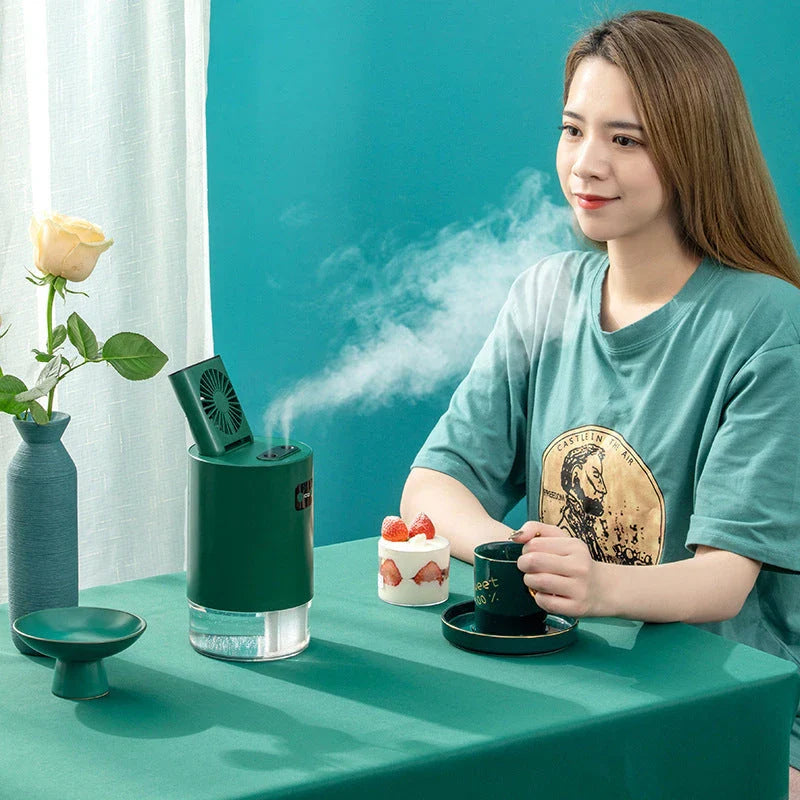 Stylish air humidifier with lifting fan, dual-spray, and digital controls for improved indoor air quality and comfort