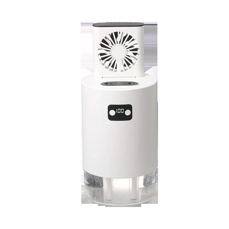 Stylish air humidifier with lifting fan, dual-spray, and digital controls for improved indoor air quality and comfort