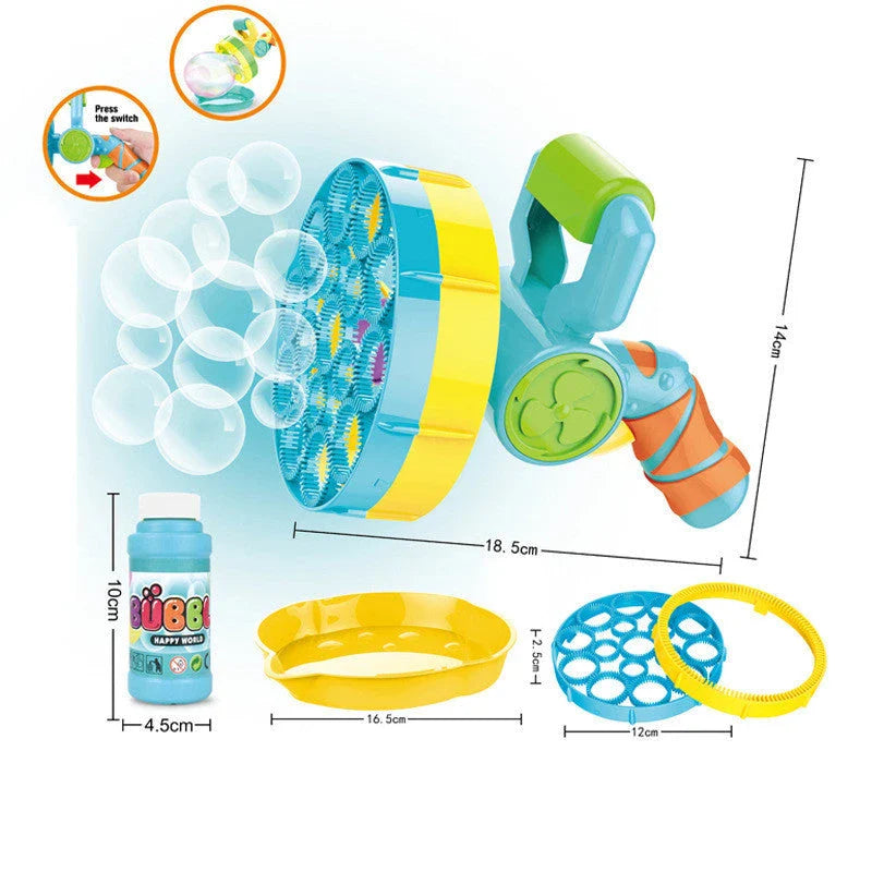 Automatic Bubble Blower Machine with a stream of sparkling bubbles, perfect for outdoor parties and children's entertainment.