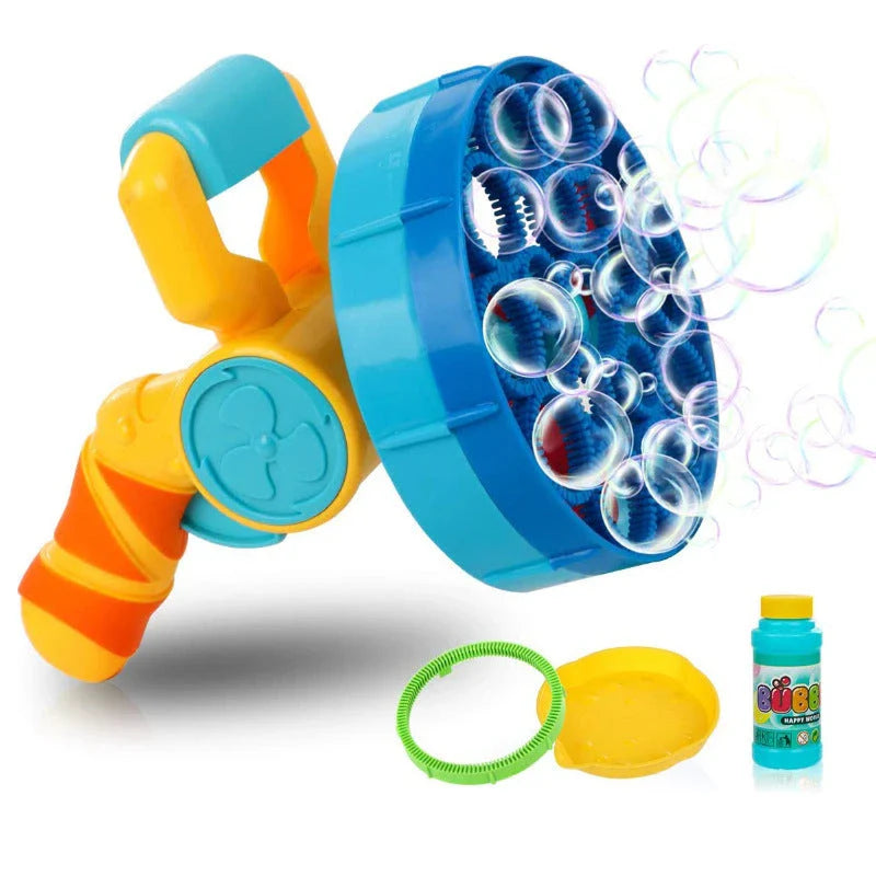 Automatic Bubble Blower Machine with a stream of sparkling bubbles, perfect for outdoor parties and children's entertainment.