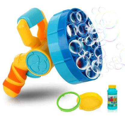 Automatic Bubble Blower Machine with a stream of sparkling bubbles, perfect for outdoor parties and children's entertainment.