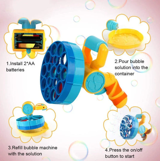 Automatic Bubble Blower Machine with a stream of sparkling bubbles, perfect for outdoor parties and children's entertainment.