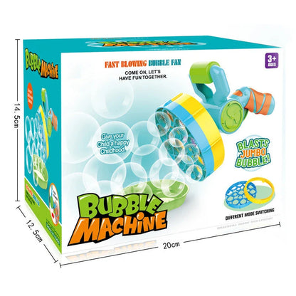 Automatic Bubble Blower Machine with a stream of sparkling bubbles, perfect for outdoor parties and children's entertainment.