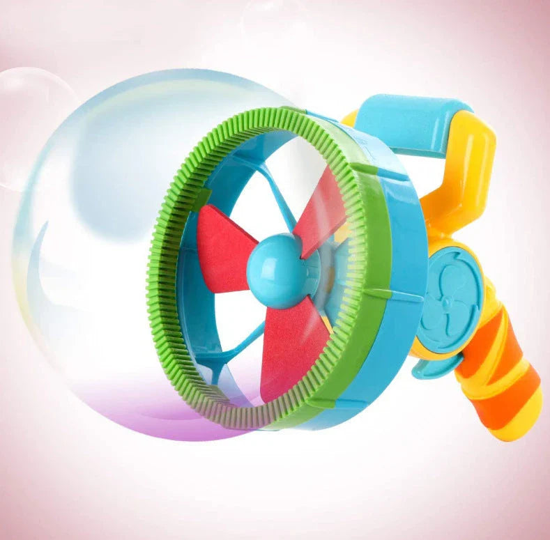 Automatic Bubble Blower Machine with a stream of sparkling bubbles, perfect for outdoor parties and children's entertainment.