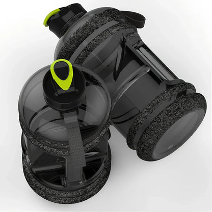 Black sports water bottle with 2.2L capacity, 27cm height, leak-proof design for fitness hydration