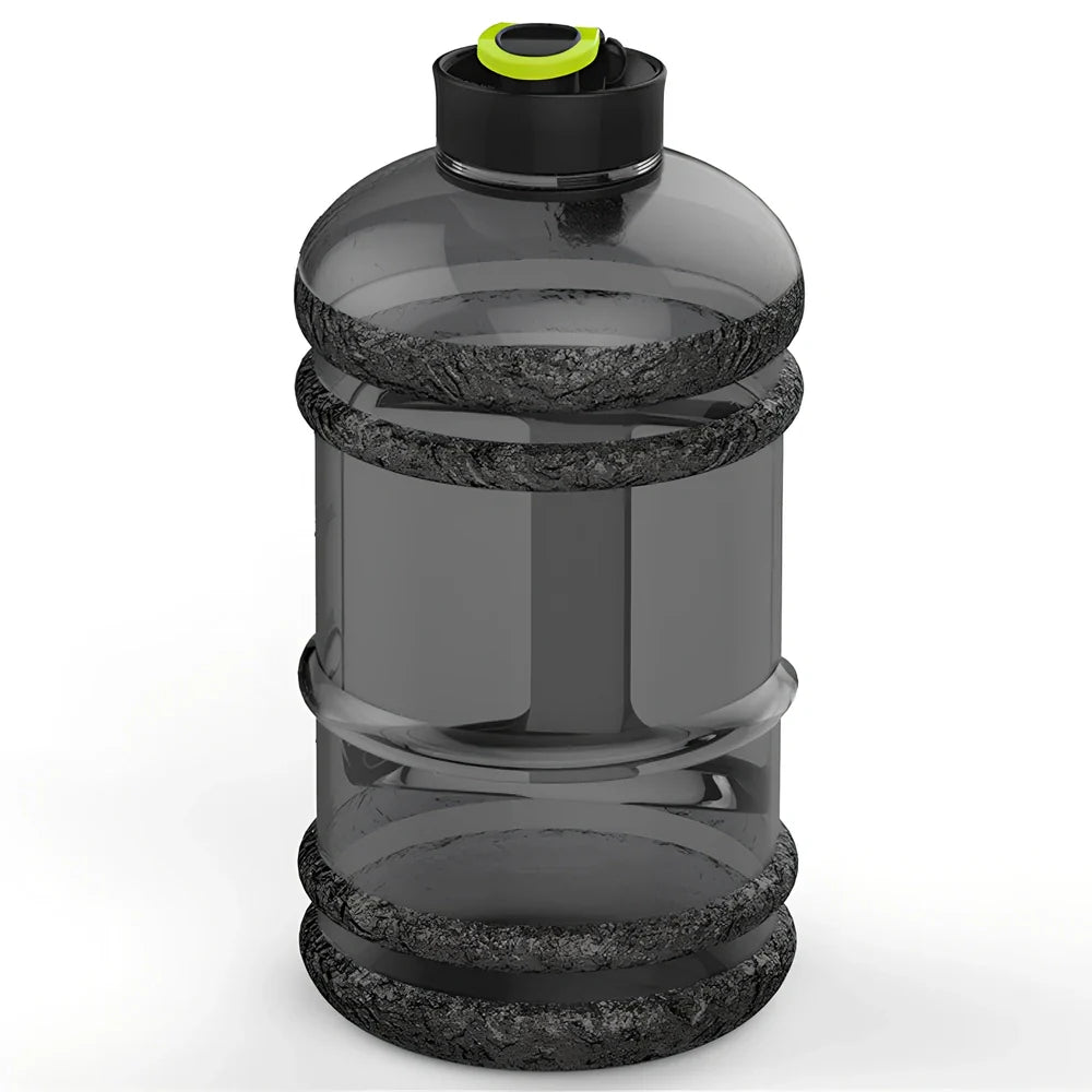 Black sports water bottle with 2.2L capacity, 27cm height, leak-proof design for fitness hydration