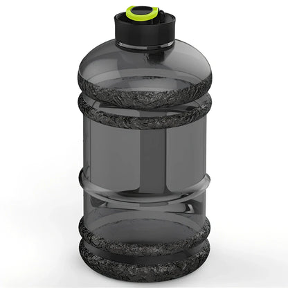 Black sports water bottle with 2.2L capacity, 27cm height, leak-proof design for fitness hydration