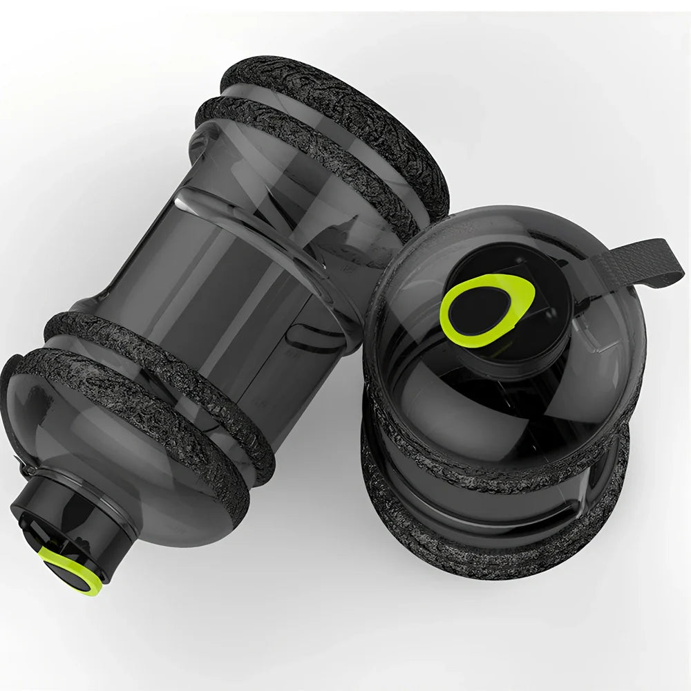 Black sports water bottle with 2.2L capacity, 27cm height, leak-proof design for fitness hydration