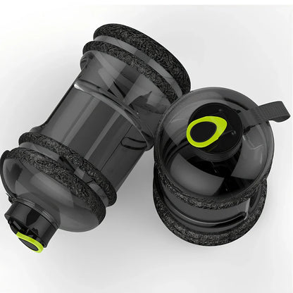 Black sports water bottle with 2.2L capacity, 27cm height, leak-proof design for fitness hydration