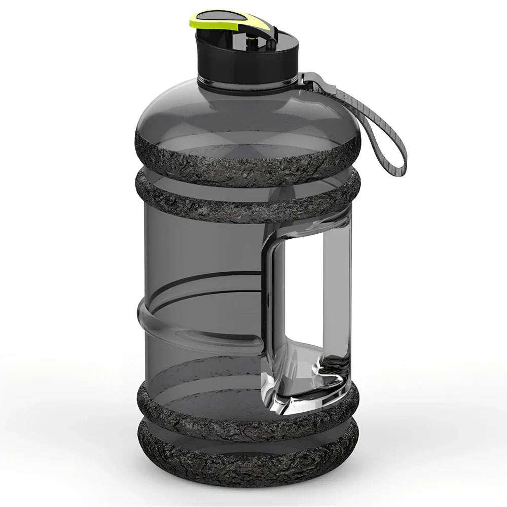 Black sports water bottle with 2.2L capacity, 27cm height, leak-proof design for fitness hydration