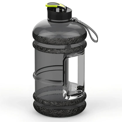 Black sports water bottle with 2.2L capacity, 27cm height, leak-proof design for fitness hydration