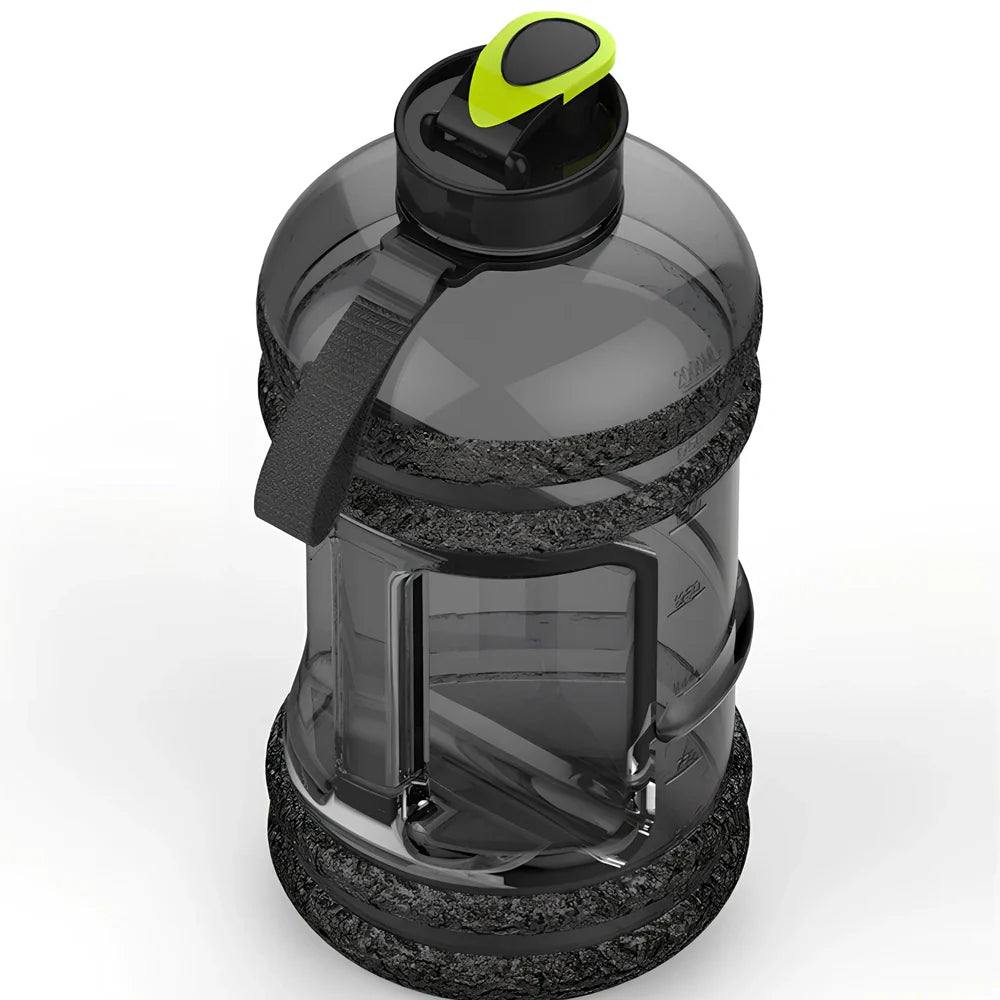 Black sports water bottle with 2.2L capacity, 27cm height, leak-proof design for fitness hydration