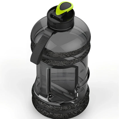 Black sports water bottle with 2.2L capacity, 27cm height, leak-proof design for fitness hydration
