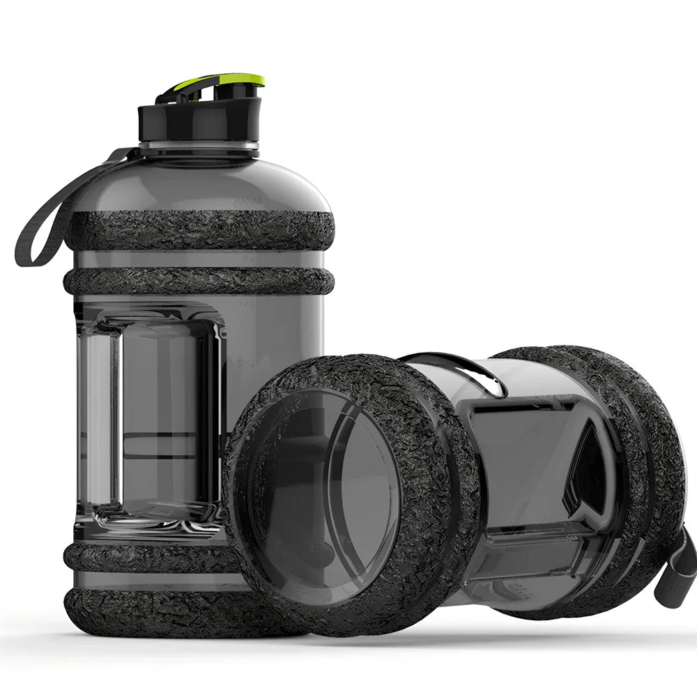 Black sports water bottle with 2.2L capacity, 27cm height, leak-proof design for fitness hydration