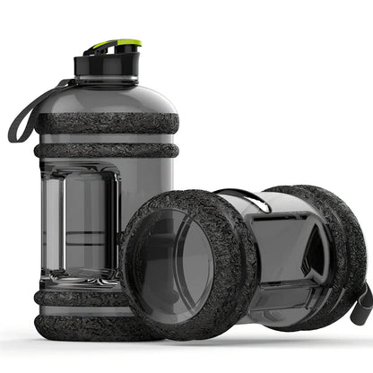 Black sports water bottle with 2.2L capacity, 27cm height, leak-proof design for fitness hydration