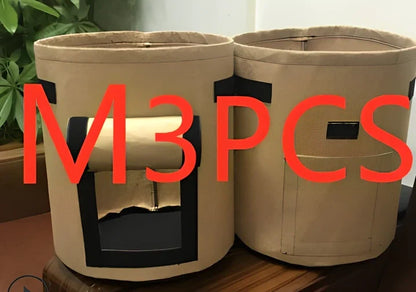 Black non-woven plant growth bag with side window and handles for potato gardening, breathable fabric, large size shown