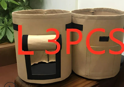Black non-woven plant growth bag with side window and handles for potato gardening, breathable fabric, large size shown