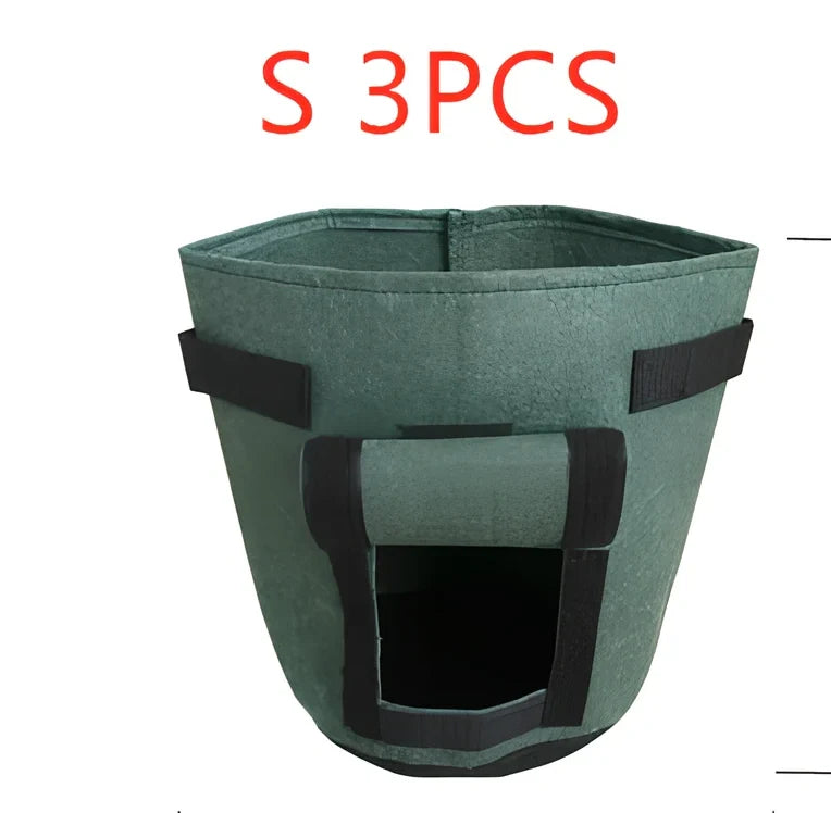 Black non-woven plant growth bag with side window and handles for potato gardening, breathable fabric, large size shown