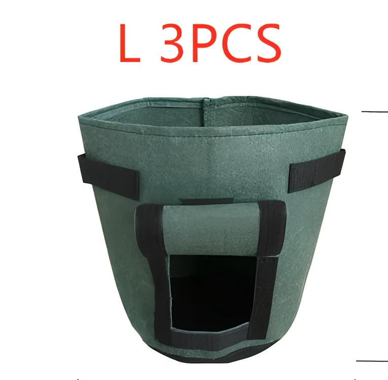 Black non-woven plant growth bag with side window and handles for potato gardening, breathable fabric, large size shown