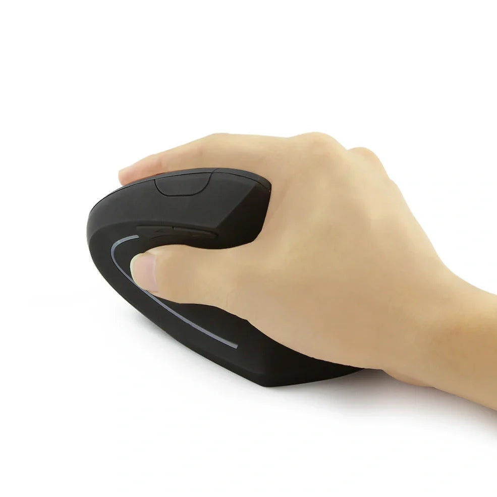 Pink vertical wireless office mouse with ergonomic grip, 1600 DPI sensor, and USB receiver for desktop use