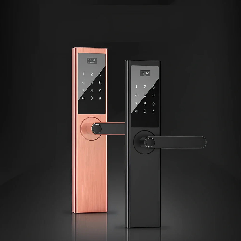 Black fingerprint door lock with sensor, compatible with UK anti-theft and wooden doors, 0.1s scan time