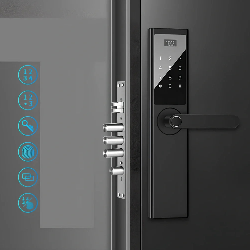 Black fingerprint door lock with sensor, compatible with UK anti-theft and wooden doors, 0.1s scan time