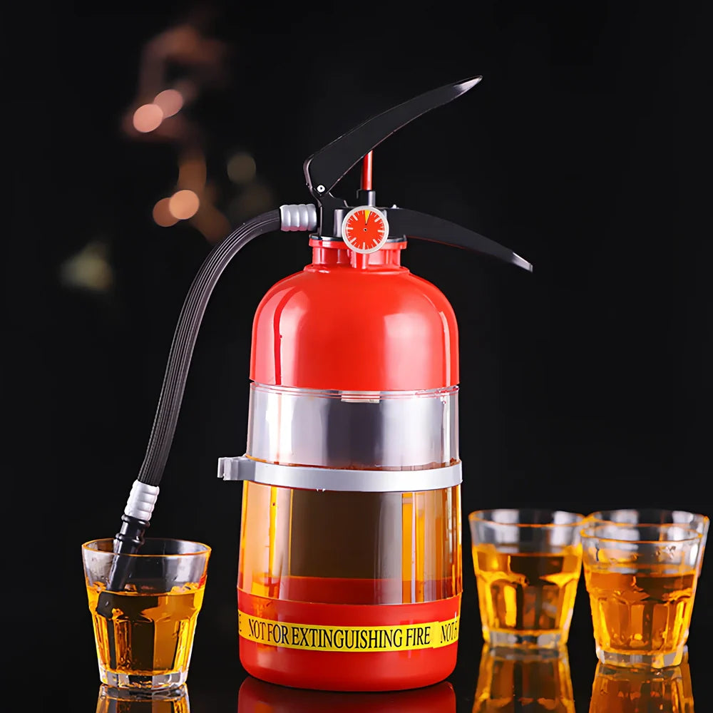 Red 2L fire extinguisher-shaped acrylic wine dispenser, 34cm tall with hand-press pump and 20cm hose for party pouring