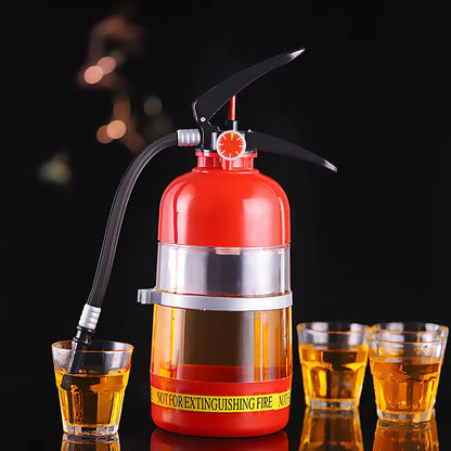 Red 2L fire extinguisher-shaped acrylic wine dispenser, 34cm tall with hand-press pump and 20cm hose for party pouring